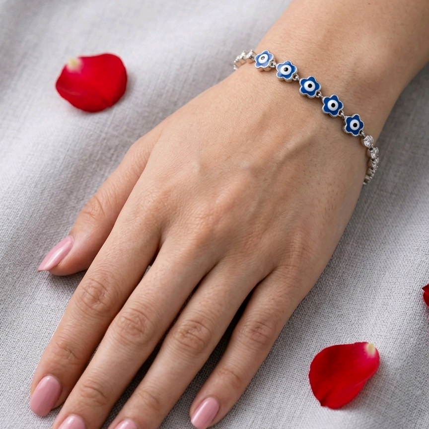 Crystal Navy Evil Eye Chain Bracelet 